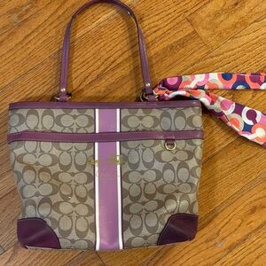Coach signature stripe purple and khaki hand bag